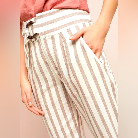 Anthropologie Linen Striped Brown White Oasis Slim Belt D-Ring Pant SZ 12 - Picture 3 of 4